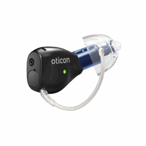 Oticon Zeal hearing aid featuring a compact black design